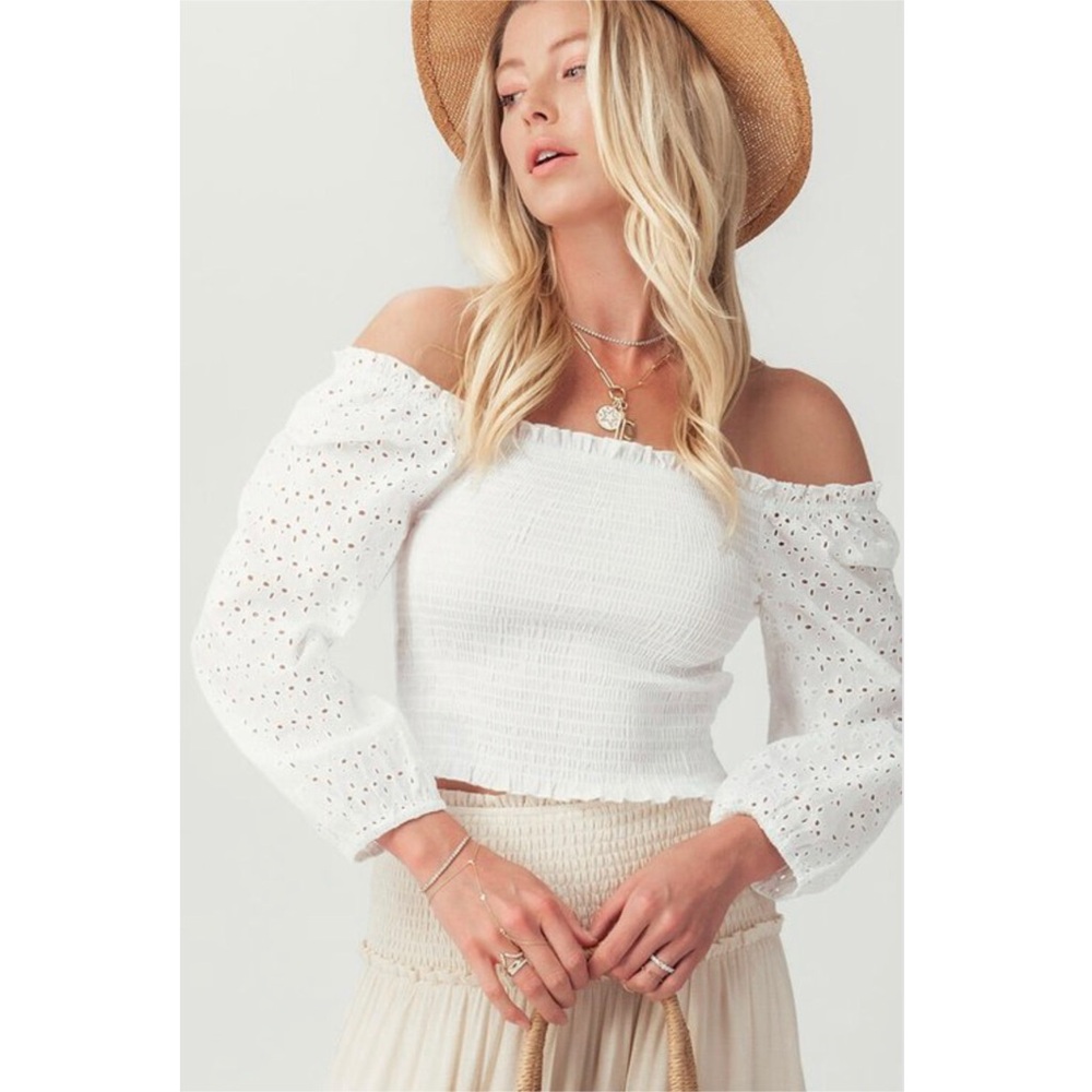 White Off-Shoulder Women's Eyelet Detail Top